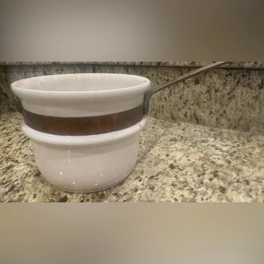 B & M Douro Double Boiler Insert Ironstone Copper Band Brass Handle Pot Vintage
